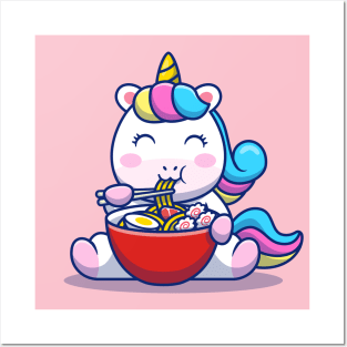 Cute Unicorn Eat Ramen Noodle Posters and Art